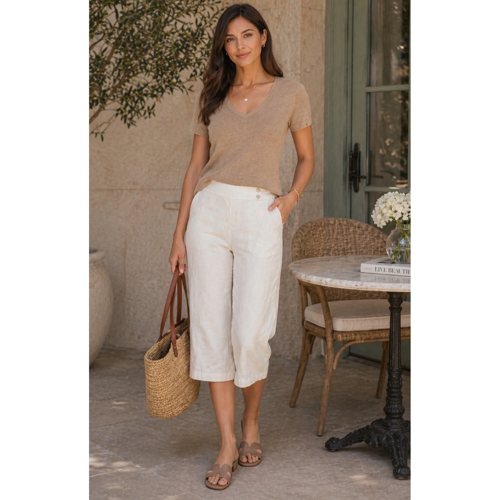 Tracy Reese Vintage Ivory Linen Blend Wide Leg Cropped Capri Trousers WM's 6 EUC